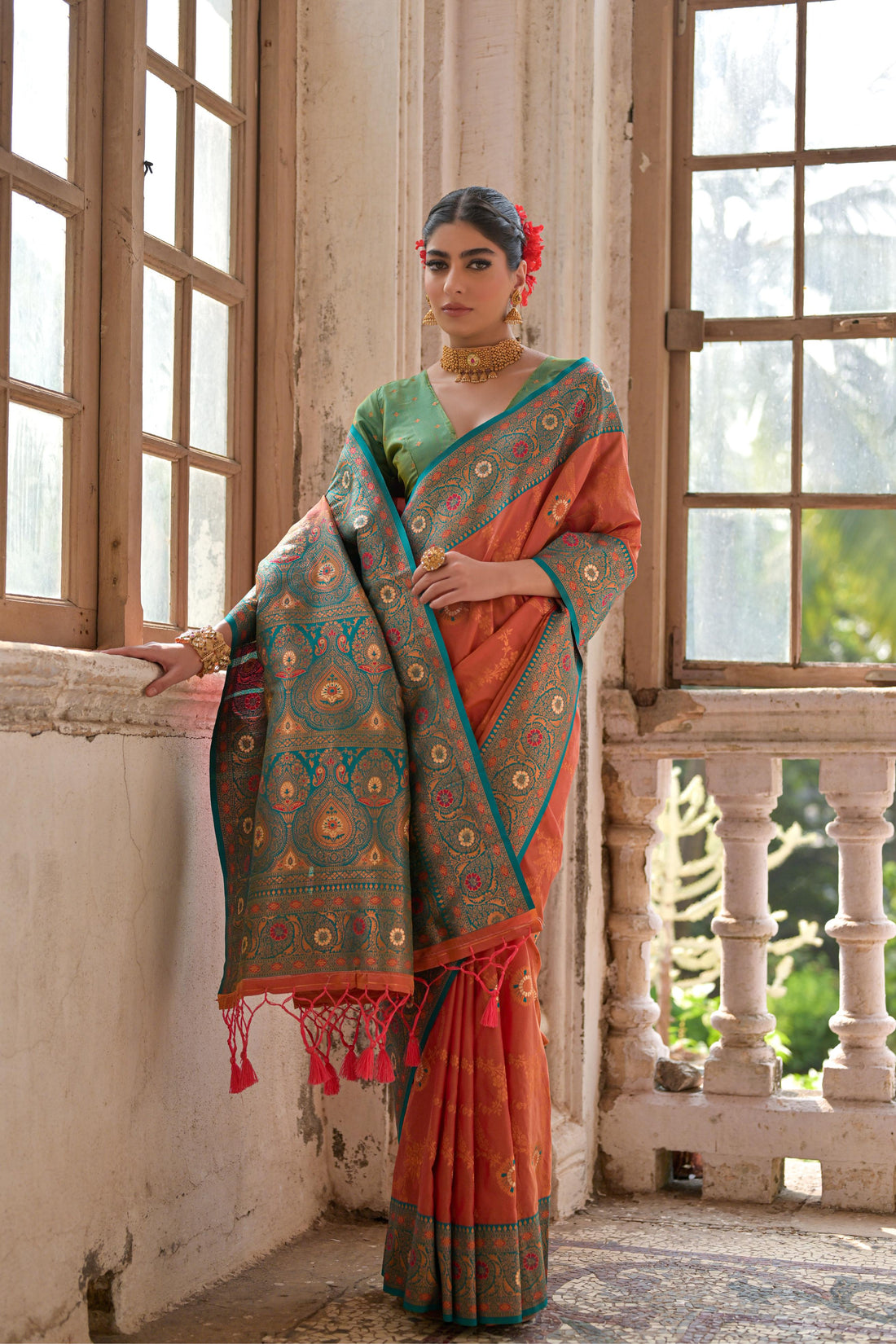 Banarasi Silk Peach Saree With Blouse Piece For Women