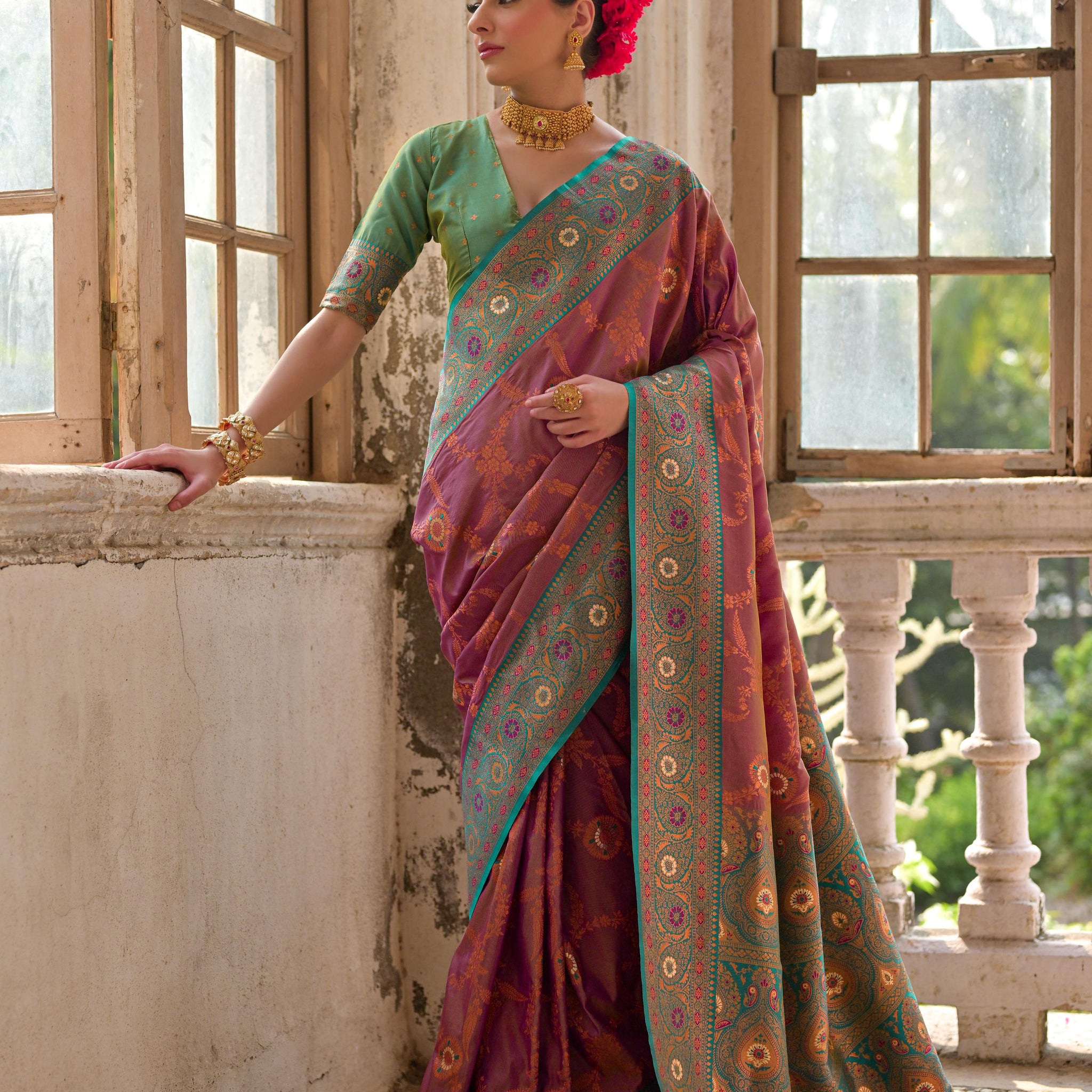 Banarasi Silk Wine Saree With Blouse Piece For Women