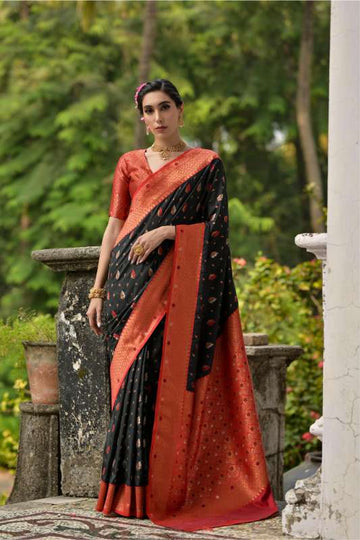 Banarasi Silk Black & Orange Saree With Tow Tone Blouse