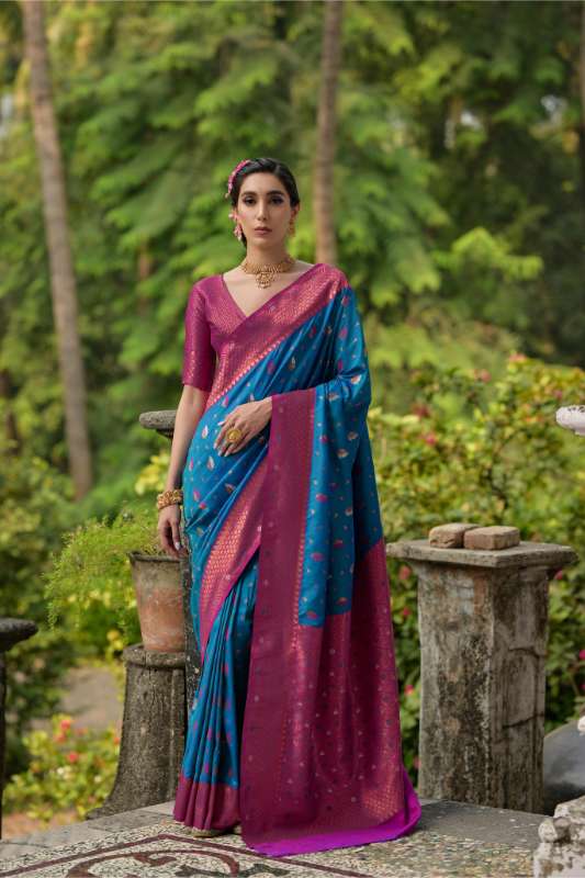 Banarasi Silk Blue & Pink Saree With Tow Tone Blouse