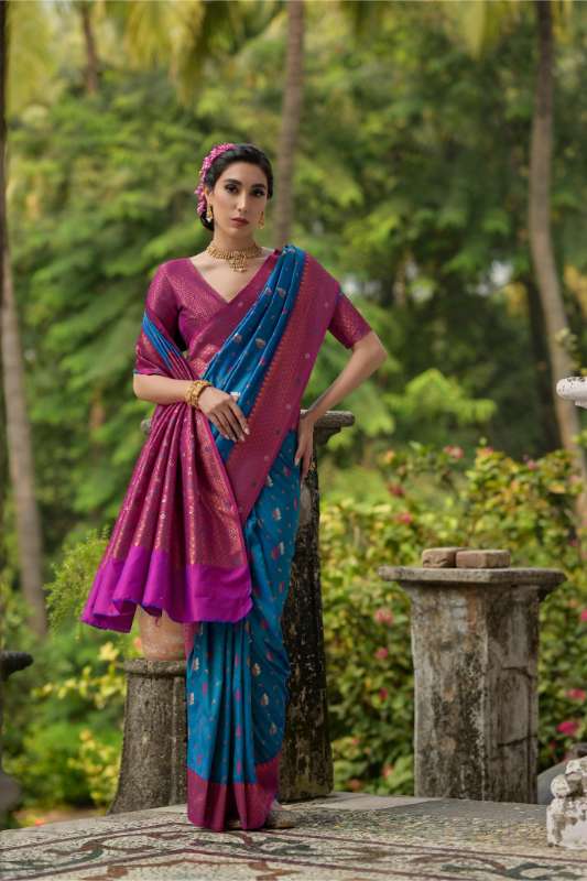 Banarasi Silk Blue & Pink Saree With Tow Tone Blouse