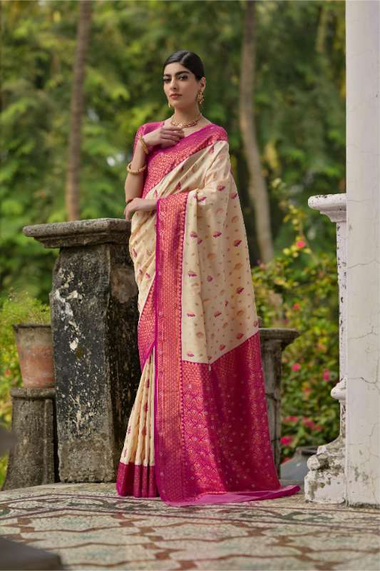 Banarasi Silk Pink & Golden Saree With Tow Tone Blouse