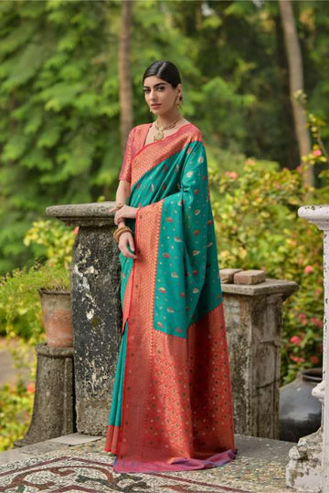 Banarasi Silk Rama & Orange Saree With Tow Tone Blouse