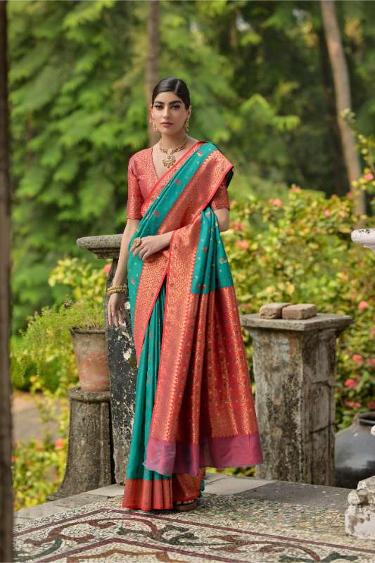 Banarasi Silk Rama & Orange Saree With Tow Tone Blouse