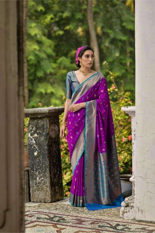 Banarasi Silk Blue & Purple Saree With Tow Tone Blouse