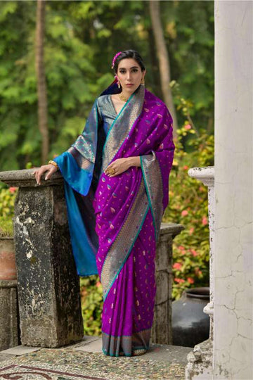 Banarasi Silk Blue & Purple Saree With Tow Tone Blouse