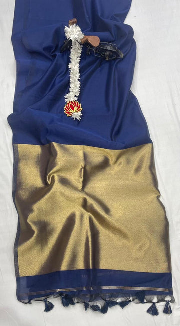 NEVY BLUE HANDLOOM KHADI COTTON SAREE WITH GOLDEN ZARI PALLUWITH HEVY TASSELS