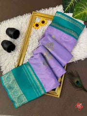 Premium Soft Kanjivaram Silk Purple Saree - Ocean Blue Pallu