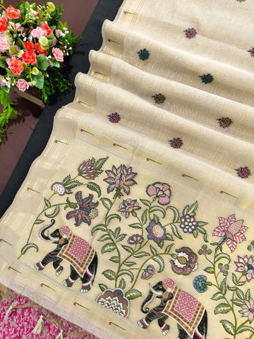 Premium Soft moga cotton paithani  cream  saree