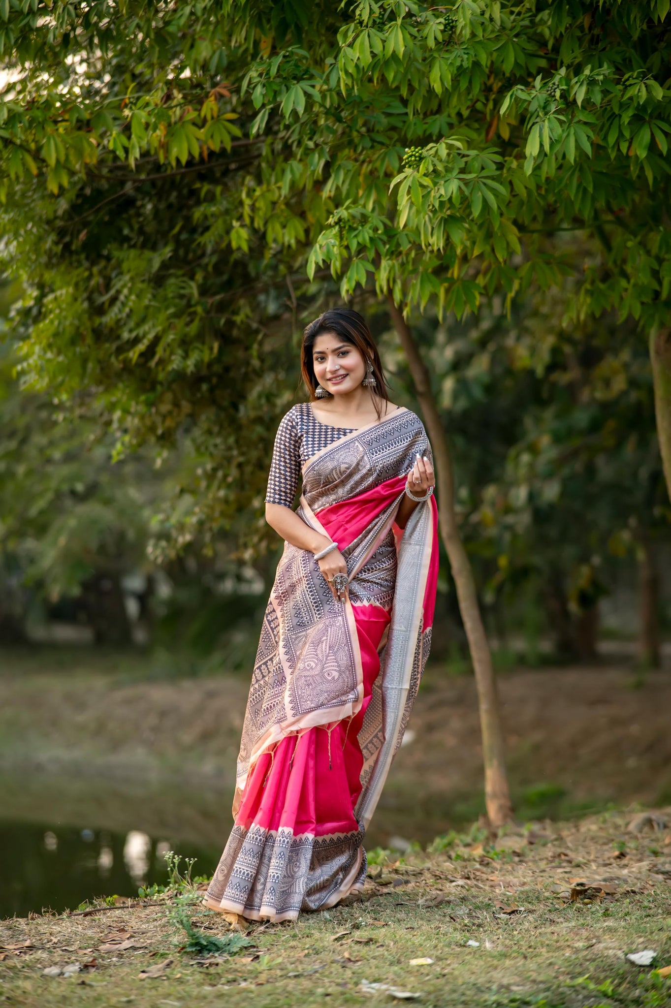 Soft Tussar Silk Madhubani Rani Pink Saree