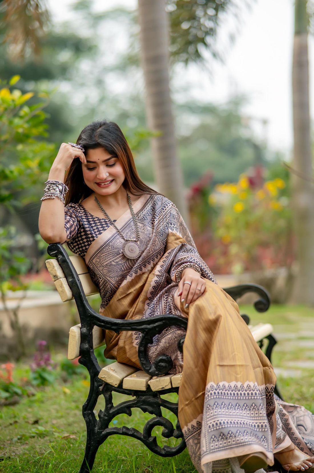 Soft Tussar Silk Madhubani Golden Saree