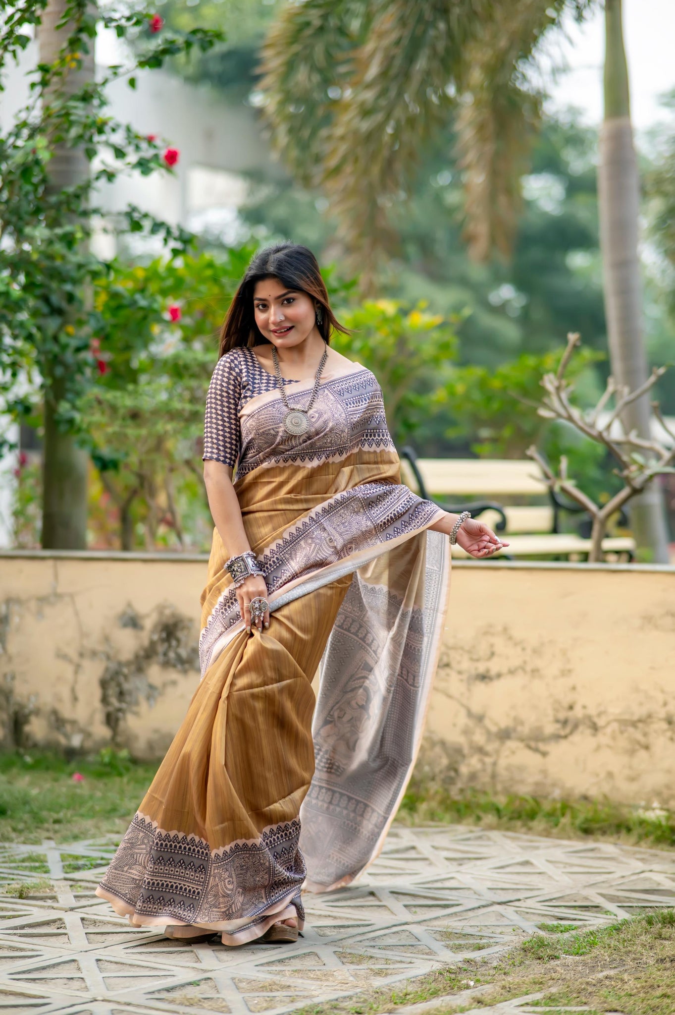 Soft Tussar Silk Madhubani Golden Saree