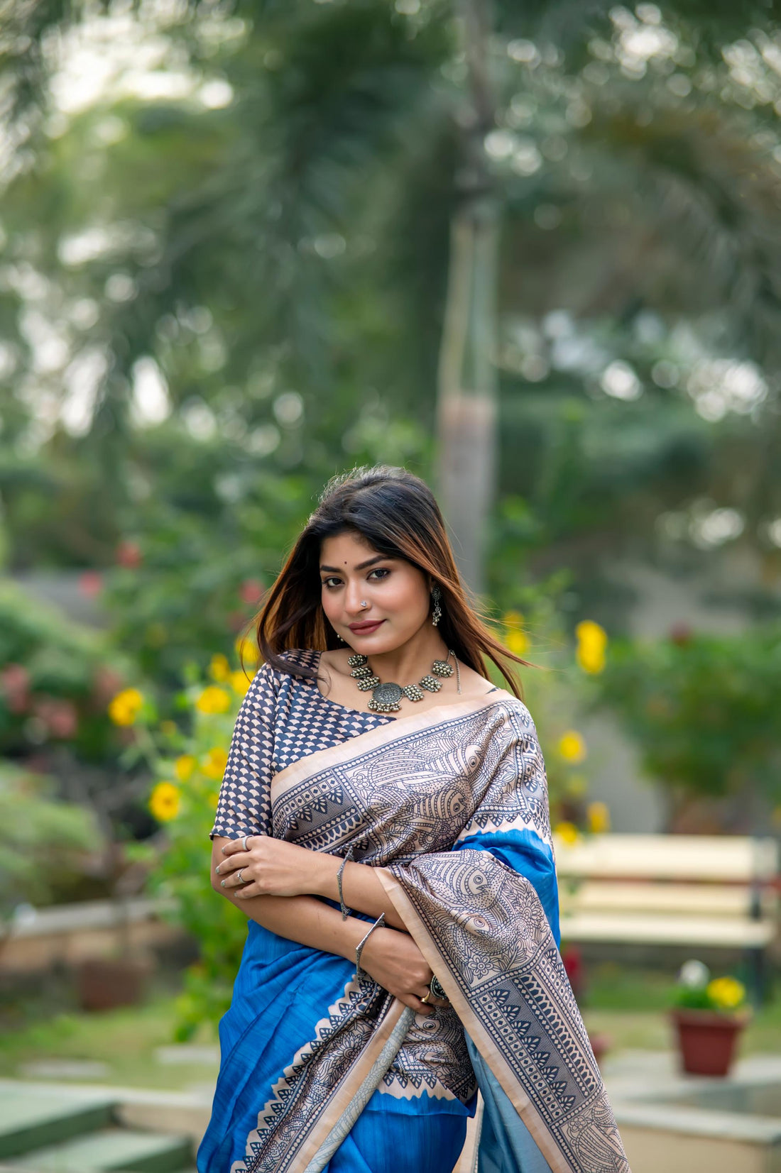 Soft Tussar Silk Madhubani Navy Blue Saree