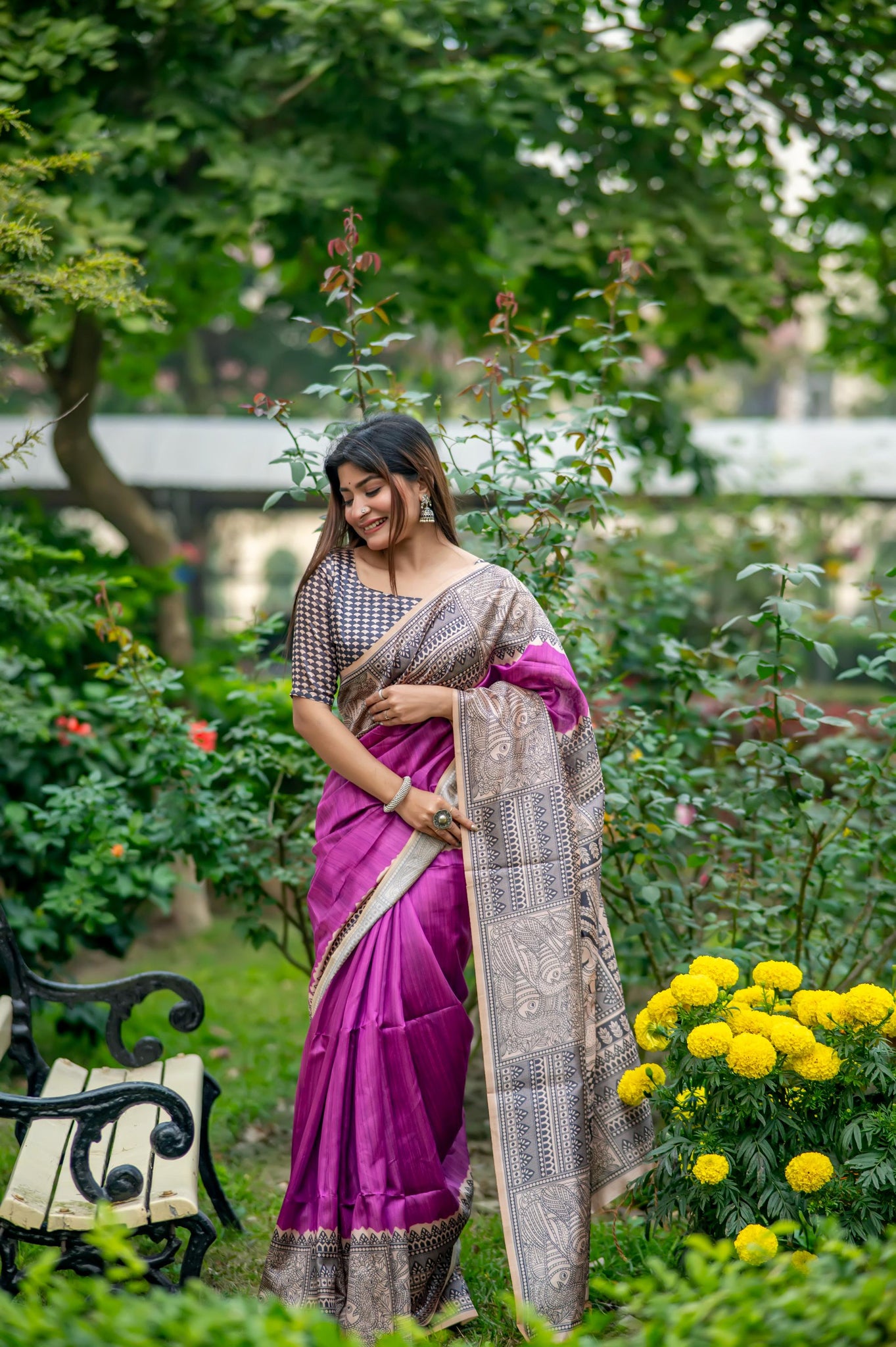 Soft Tussar Silk Madhubani Wine Saree