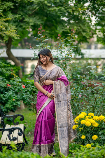 Soft Tussar Silk Madhubani Wine Saree