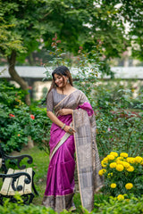 Soft Tussar Silk Madhubani Wine Saree