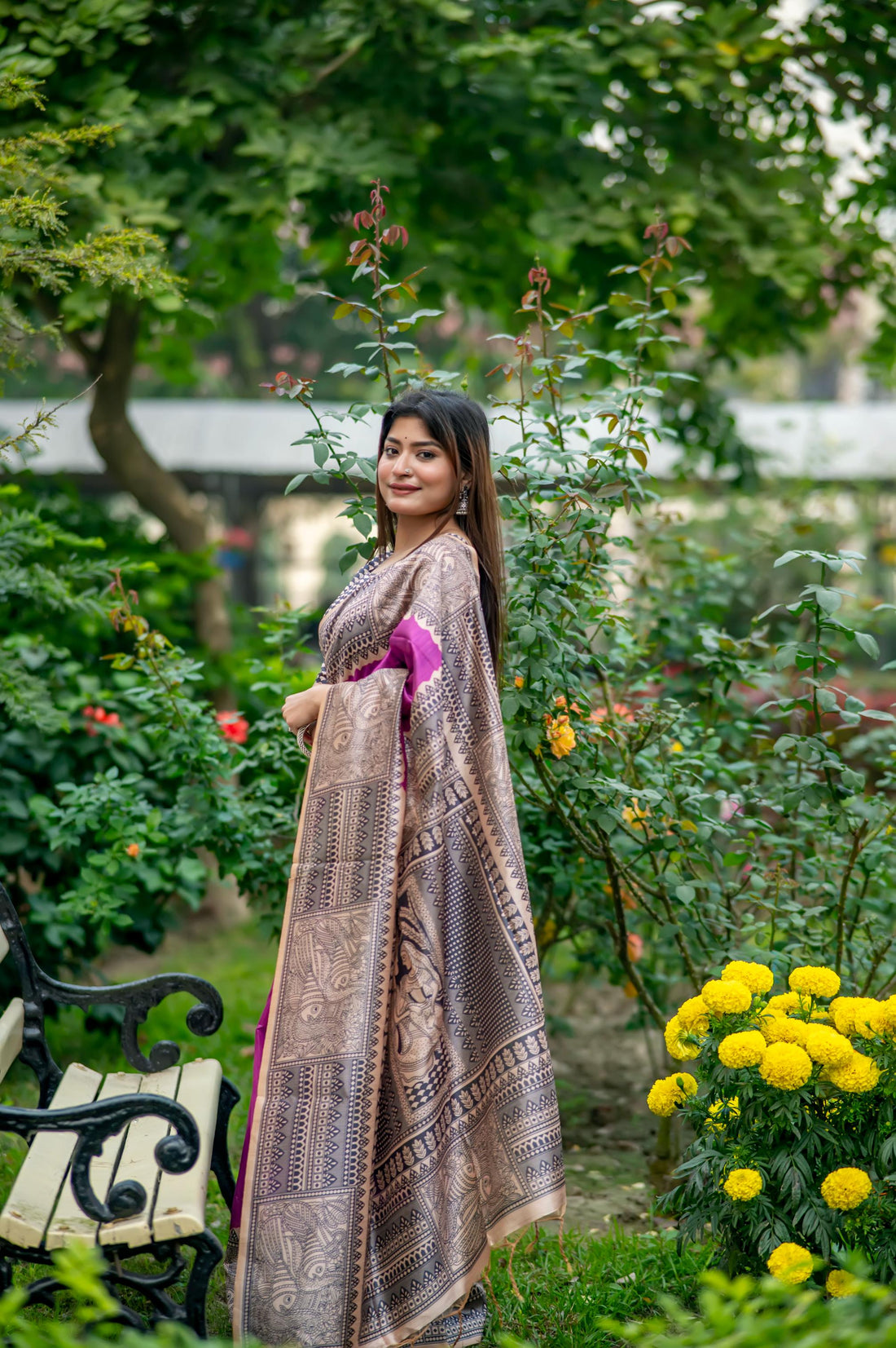 Soft Tussar Silk Madhubani Wine Saree