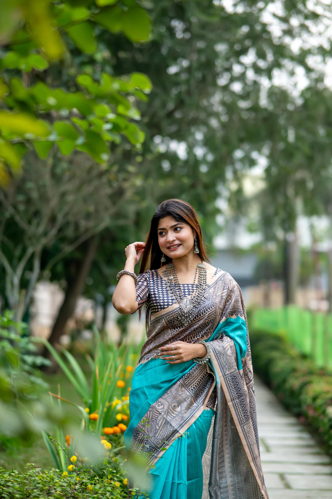 Soft Tussar Silk Madhubani Firozi Saree
