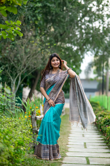 Soft Tussar Silk Madhubani Firozi Saree
