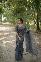 Premium Khadi Tussar Silk Dark Grey Saree
