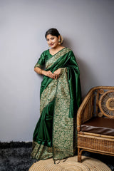 Handloom Raw Silk Dark Green Saree