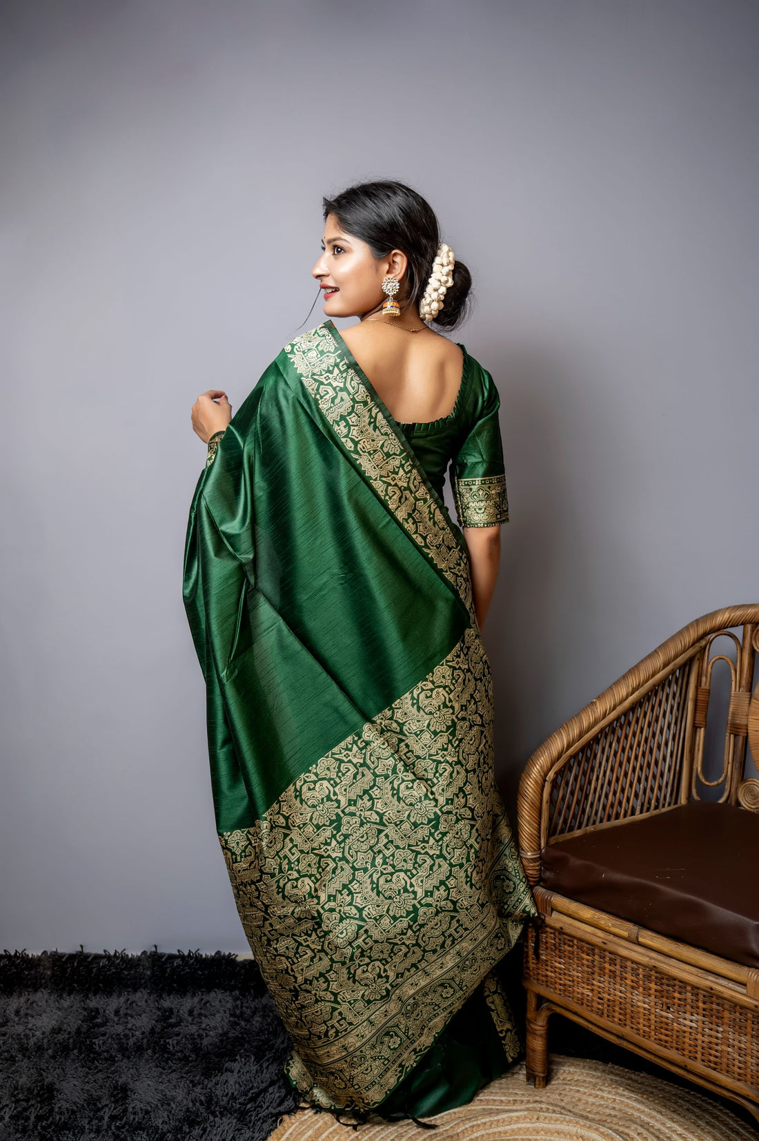 Handloom Raw Silk Dark Green Saree