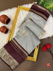 Premium Soft Kanjivaram Silk Gray Saree - Brown Pallu