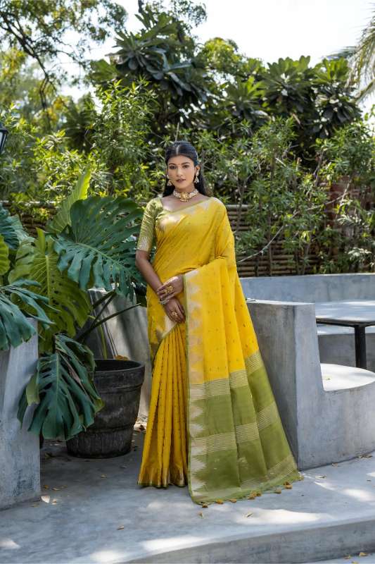 Tussar Cotton Silk Saree Yellow & Green Saree