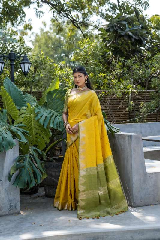 Tussar Cotton Silk Saree Yellow & Green Saree