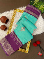 Premium Soft Kanjivaram Silk Ocean Blue Saree - Purple Pallu