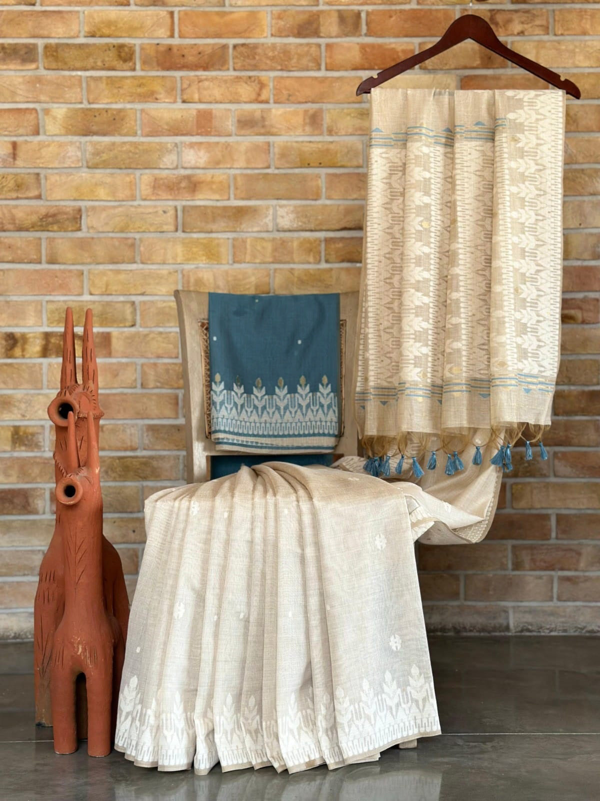 Premium Soft Muga Cotton Offwhite-blue Green Saree