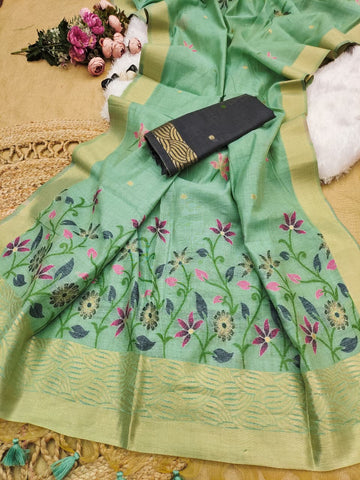 Premium Soft Chanderi cotton  Light green saree