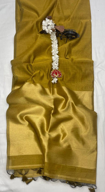 GOLD YELLOW HANDLOOM KHADI COTTON SAREE WITH GOLDEN ZARI PALLUWITH HEVY TASSELS