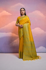 Soft Banglori Handloom Raw Silk Yellow Green Saree