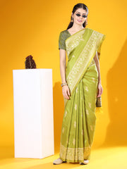 Handloom Barrat Soft Row Silk Mehendi Saree With Tow Tone