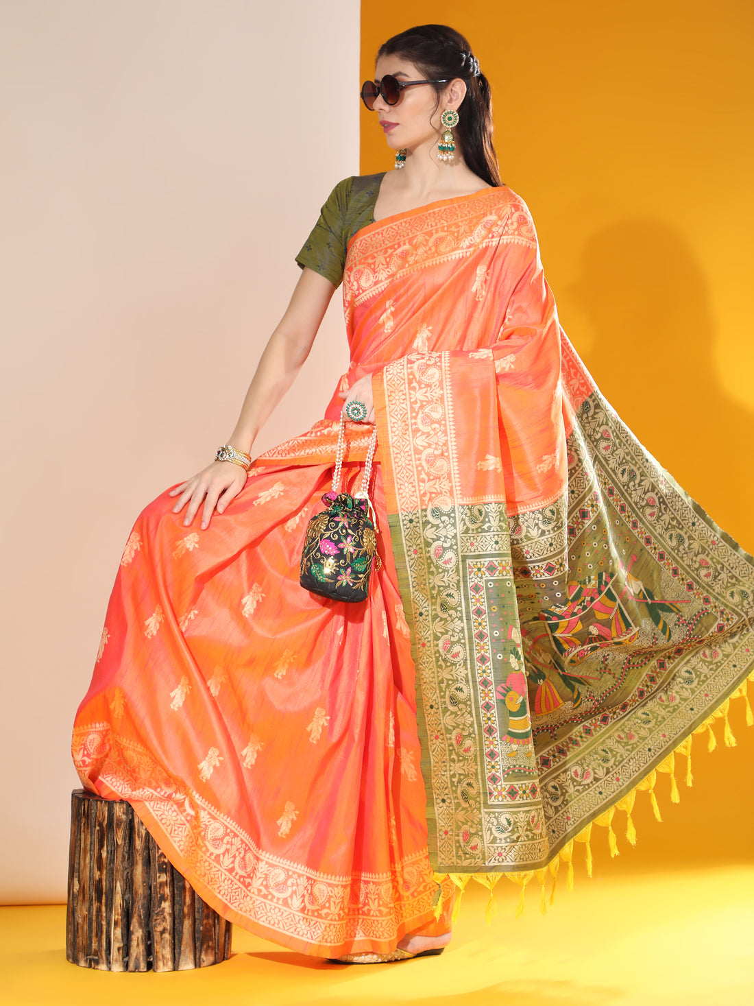Handloom Barrat Soft Row Silk Orange Saree With Tow Tone