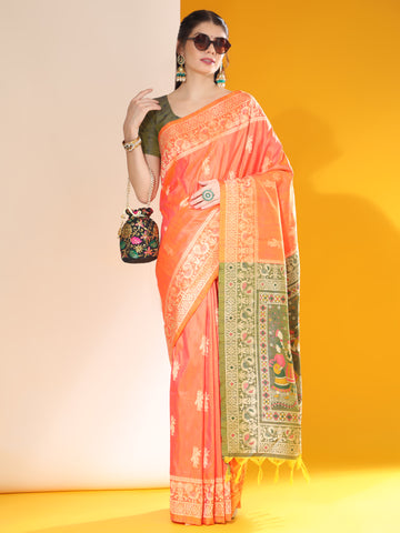 Handloom Barrat Soft Row Silk Orange Saree With Tow Tone