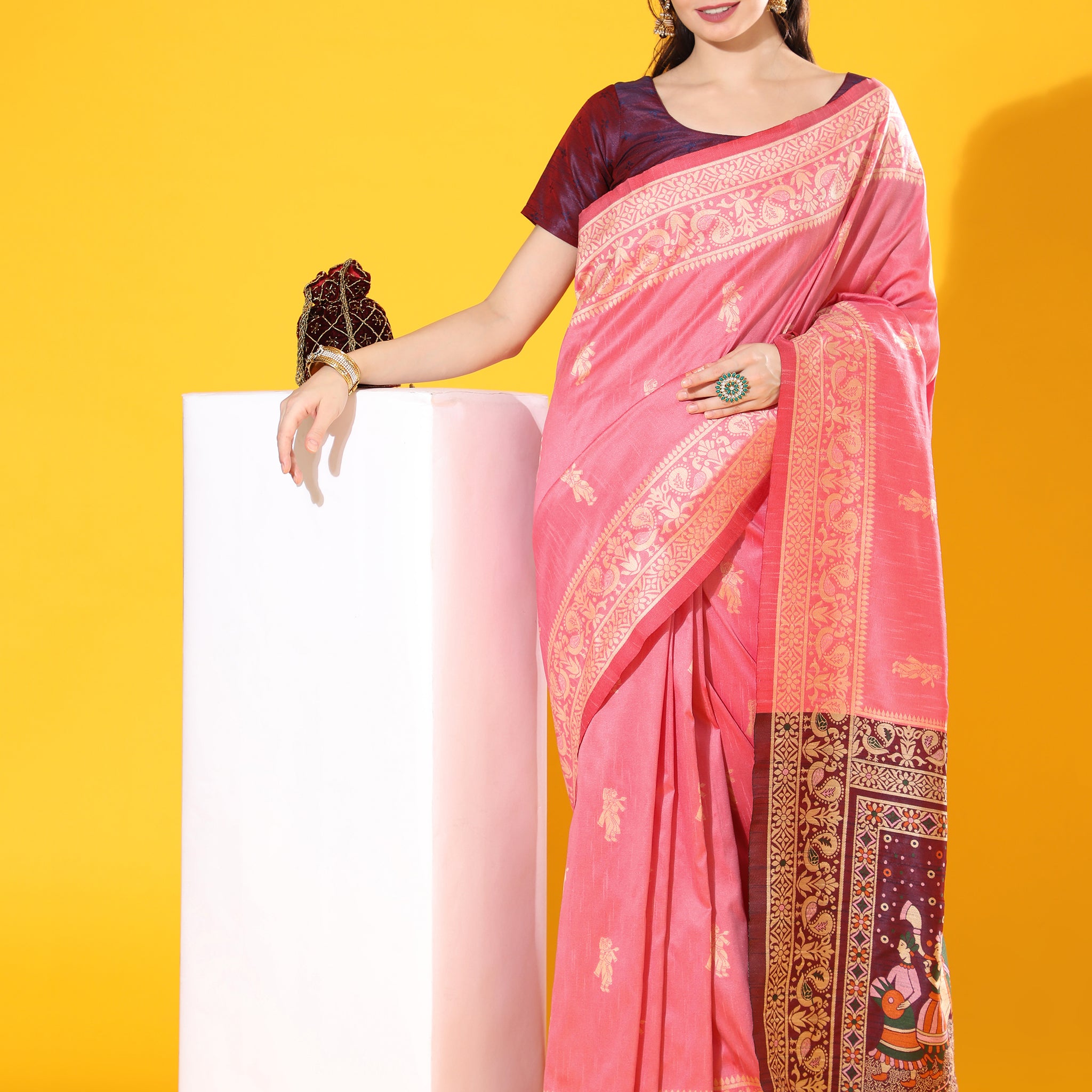 Handloom Barrat Soft Row Silk Pink Saree With Tow Tone