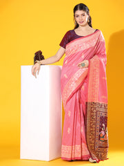 Handloom Barrat Soft Row Silk Pink Saree With Tow Tone