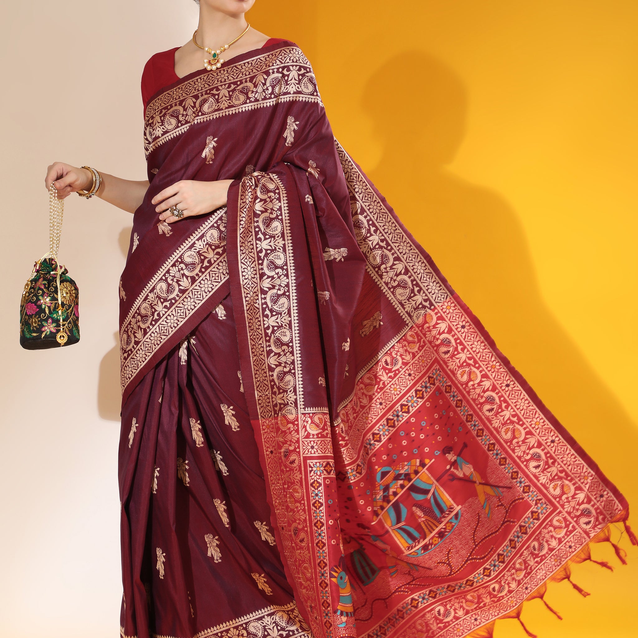 Handloom Barrat Soft Row Silk Wine With Tow Tone
