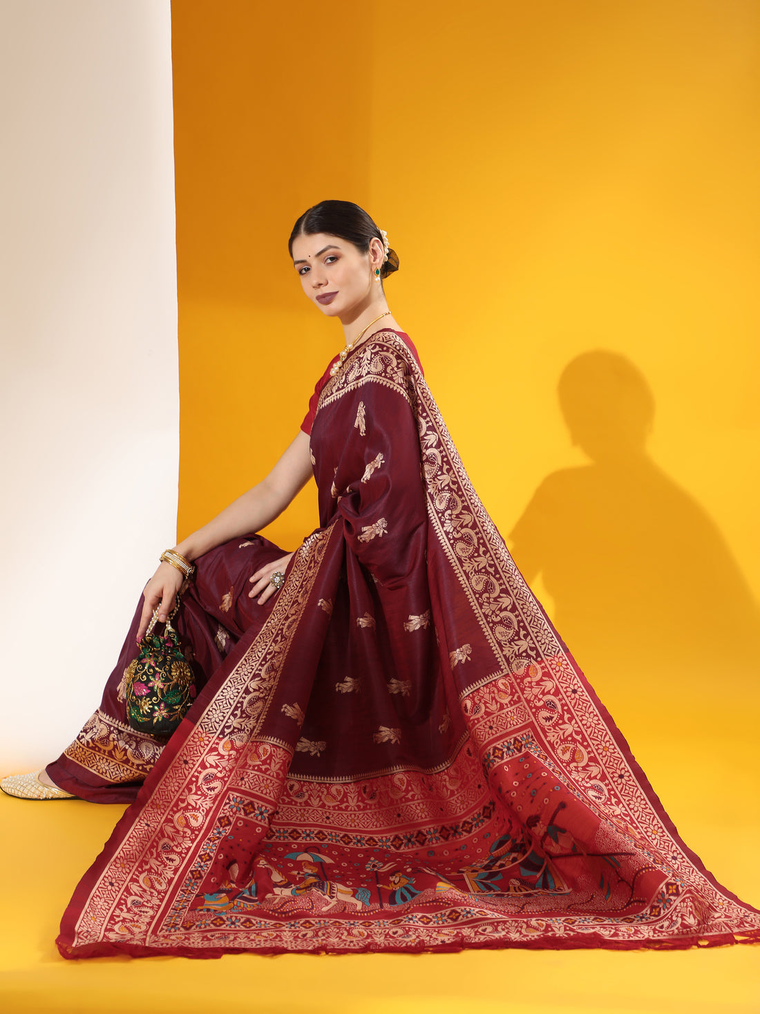 Handloom Barrat Soft Row Silk Wine With Tow Tone