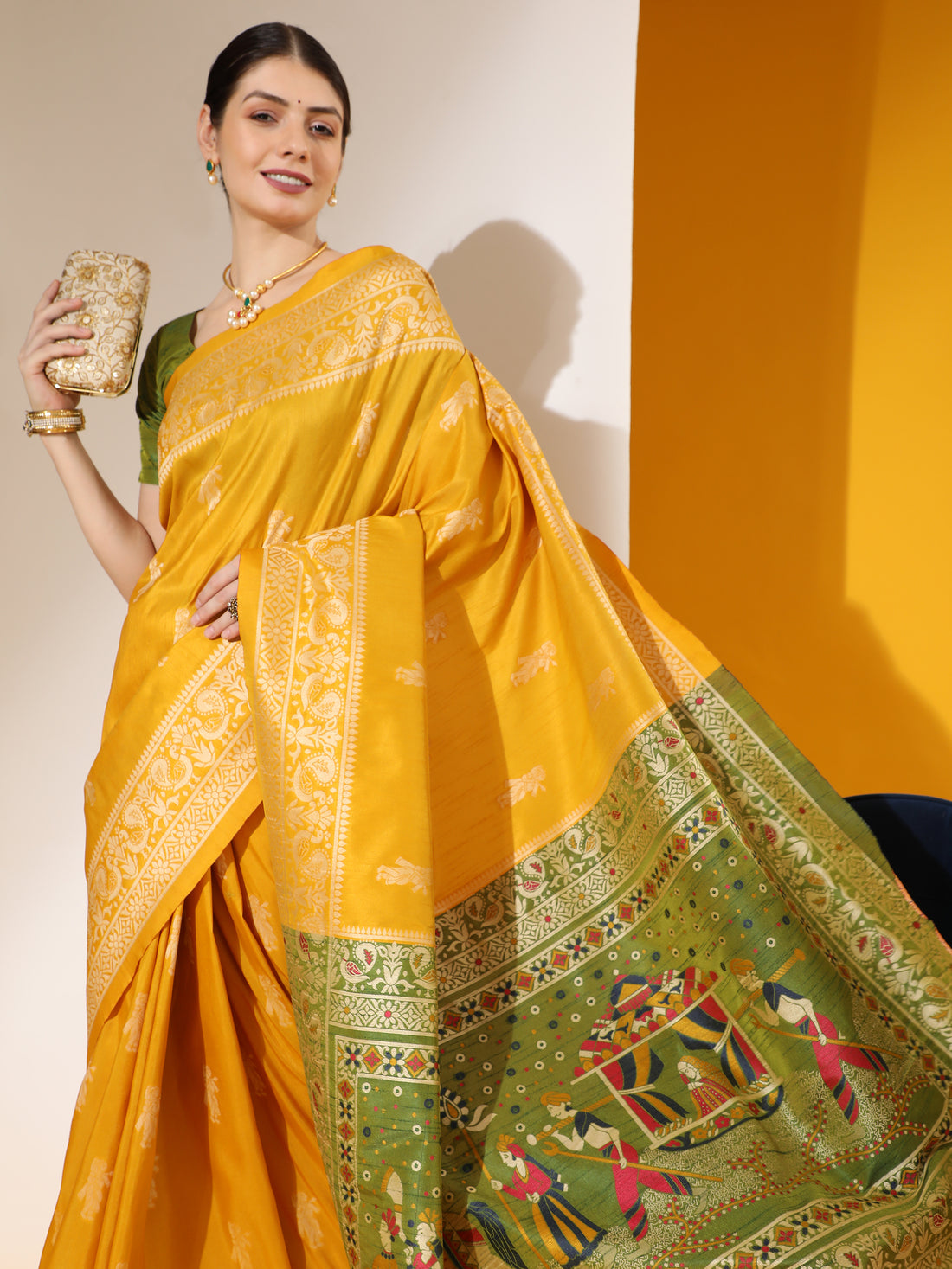 Handloom Barrat Soft Row Silk Yellow With Tow Tone