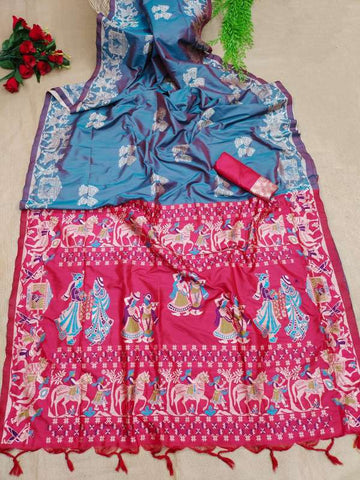 Soft Raw Silk Weaving Blue Green Saree