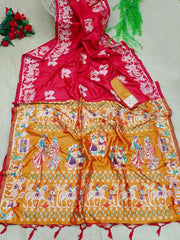 Soft Raw Silk  Weaving Read Yellow Saree