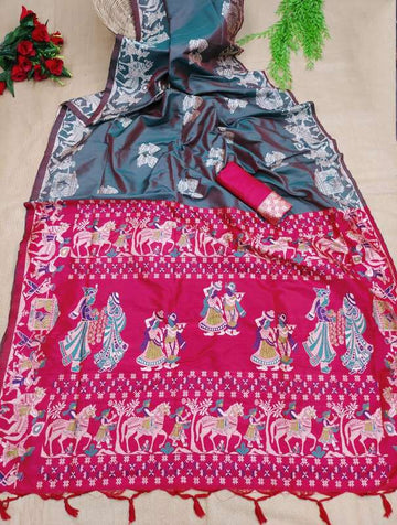 Soft Raw Silk Weaving Gray Pink Pluu Saree