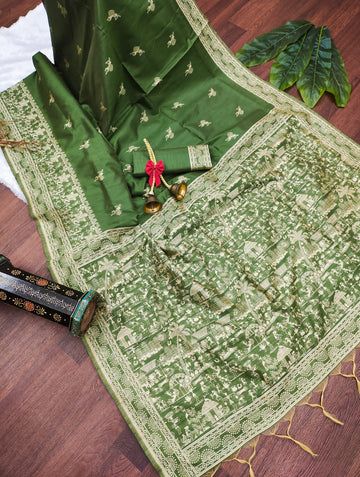 Banglori Handloom Raw Silk Dark Green Saree
