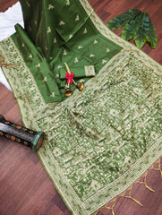 Banglori Handloom Raw Silk Dark Green Saree