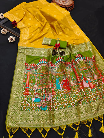 Soft Raw Silk Weaving Yellow Green Saree