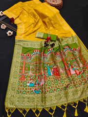 Soft Raw Silk Weaving Yellow Green Saree