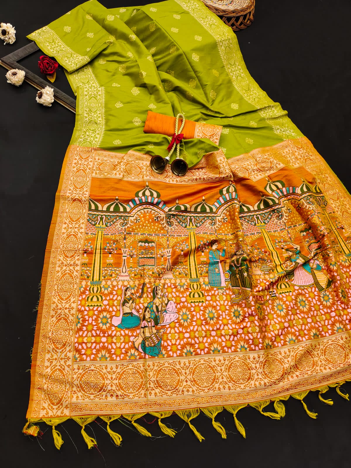 Soft Raw Silk Parrot Orange Saree
